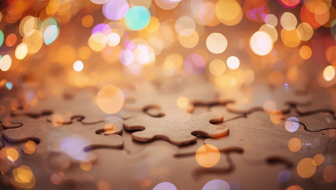 Interlocking Puzzle Pieces with Warm Bokeh Lights