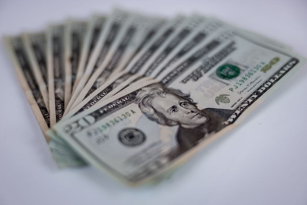 Row of Twenty Dollar Bills on White Surface