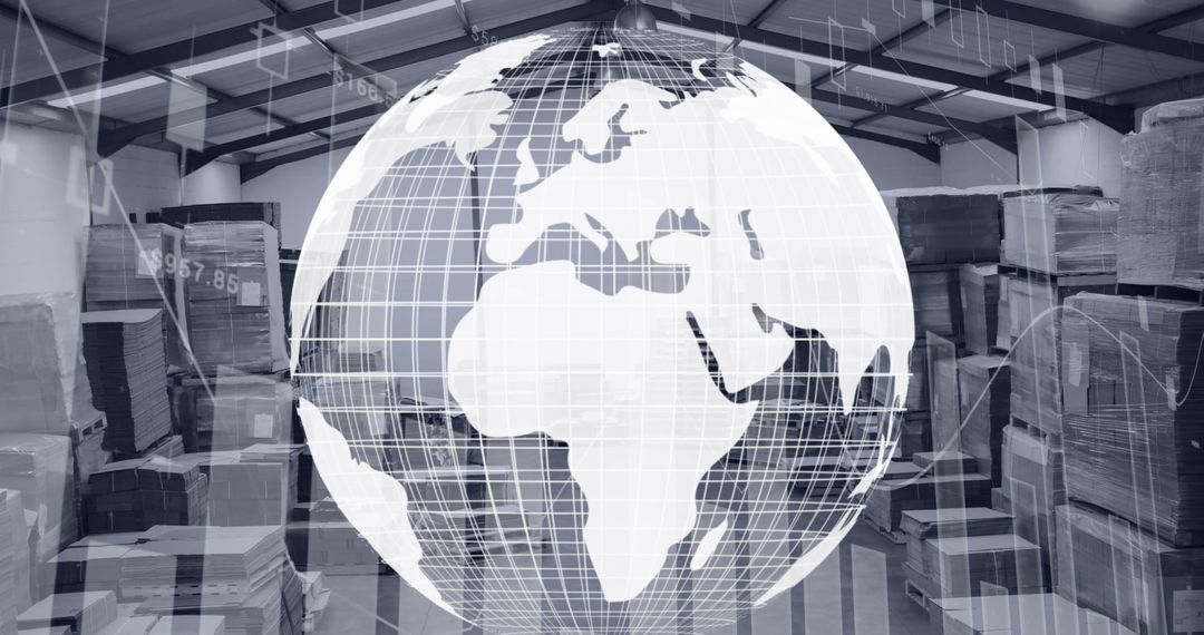 Digital Globe Overlay in Warehouse Symbolizing Global Logistics