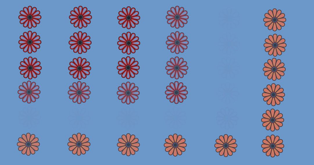 Sequential Red and Orange Flower Patterns on Blue Background
