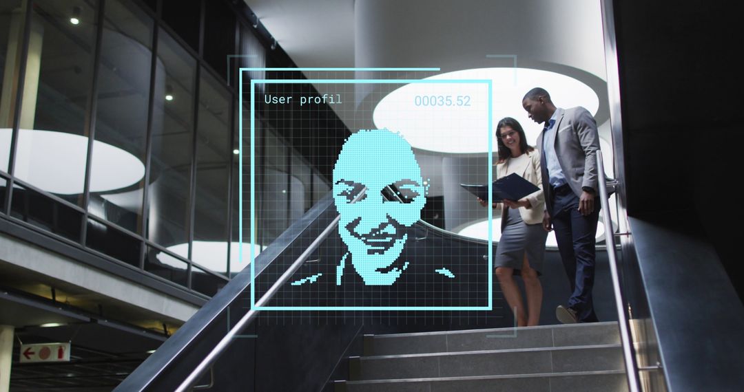 Diverse Coworkers Analyzing Reports with High-Tech Digital Interface