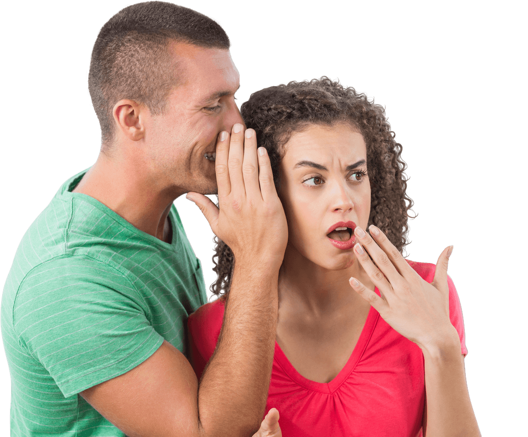 Man Whispering Secret to Surprised Woman on Transparent Background