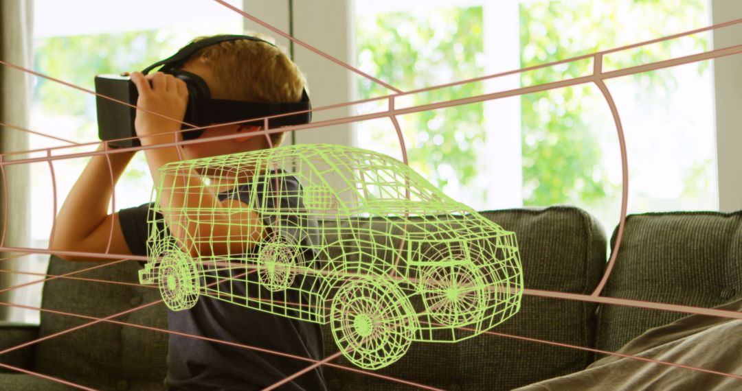 Child Using VR Headset with Holographic Van Design at Home