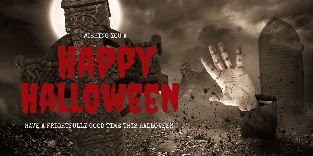 Spooky Halloween Zombie Graveyard Scene with Rising Hand