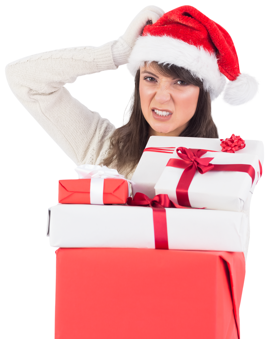 Frustrated Woman in Santa Hat Holding Stack of Transparent Gifts - Download Free Stock Images Pikwizard.com