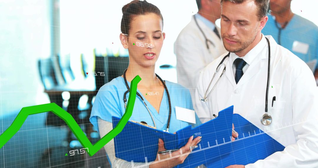 Clinical team reviewing patient outcome analytics with upward green performance chart