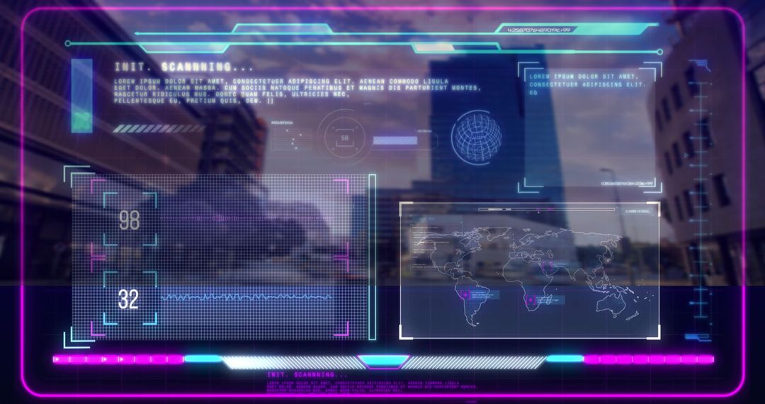 Futuristic Slitscan Holographic Digital Interface Over Cityscape