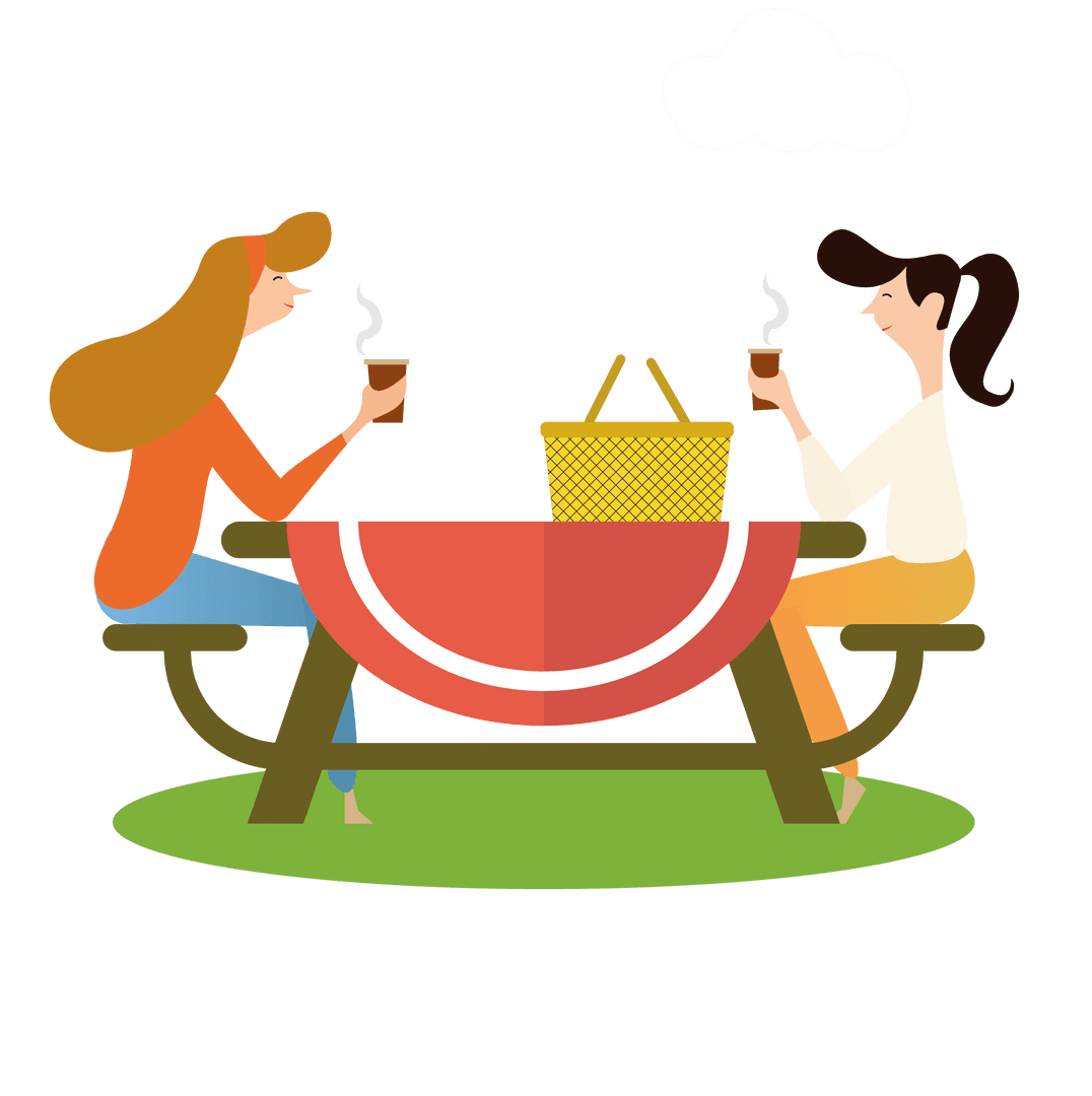 Women Enjoying Coffee at Picnic Table on Transparent Background