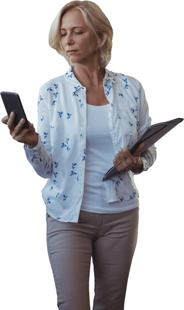 Elegant Businesswoman with Files and Smartphone Transparent Background