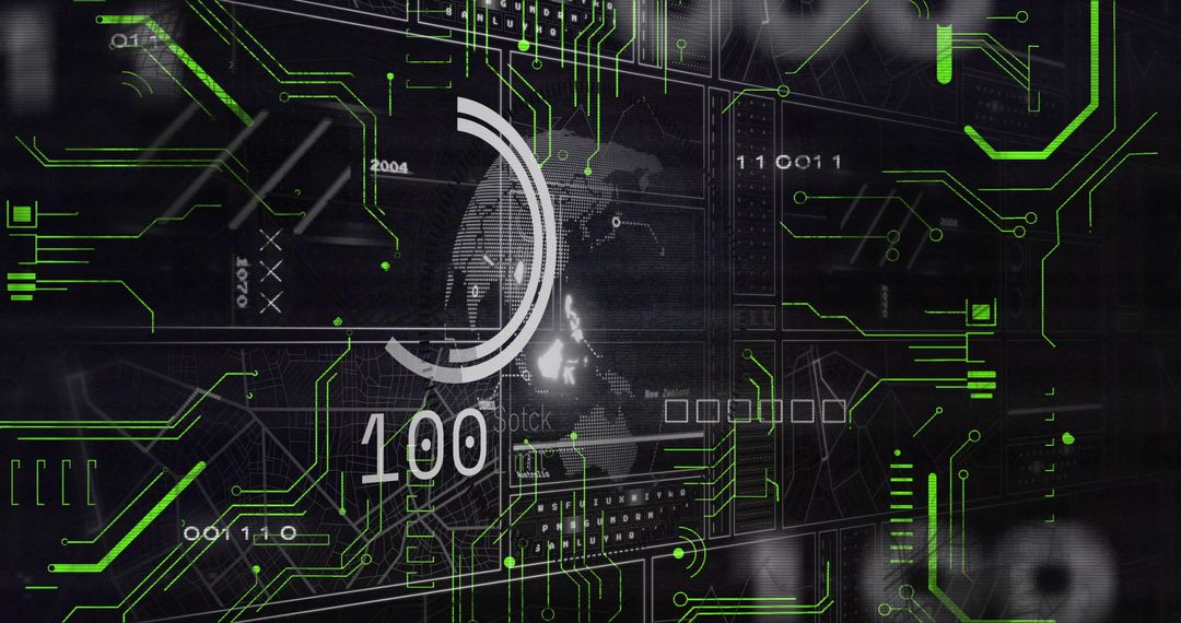 Futuristic Technology Interface with Circuit Overlay and Digital Gauge