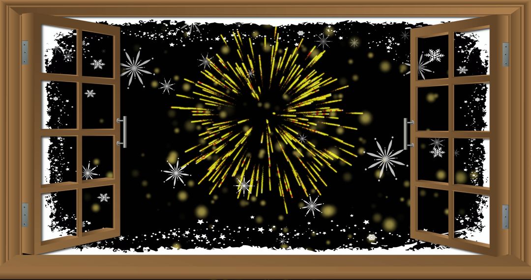 Festive Fireworks Viewed Through Open Window on Winter Night