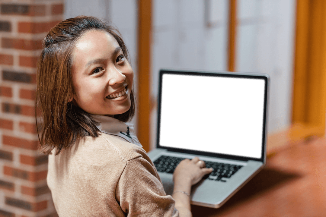 Transparent Laptop Screen with Smiling Woman in College Corridor