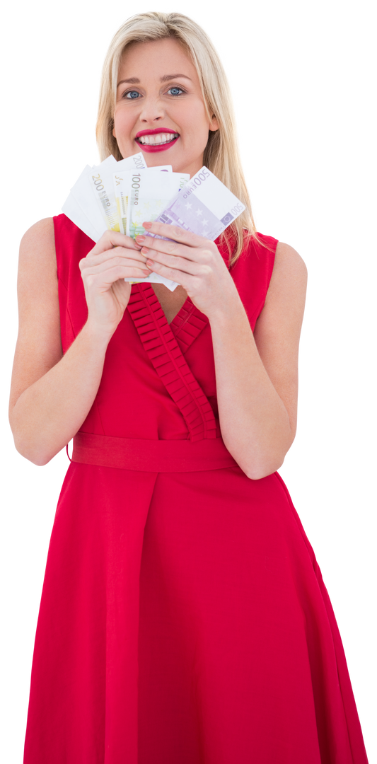 Smiling Woman in Red Dress Holding Euro Notes, Transparent Background - Download Free Stock Images Pikwizard.com