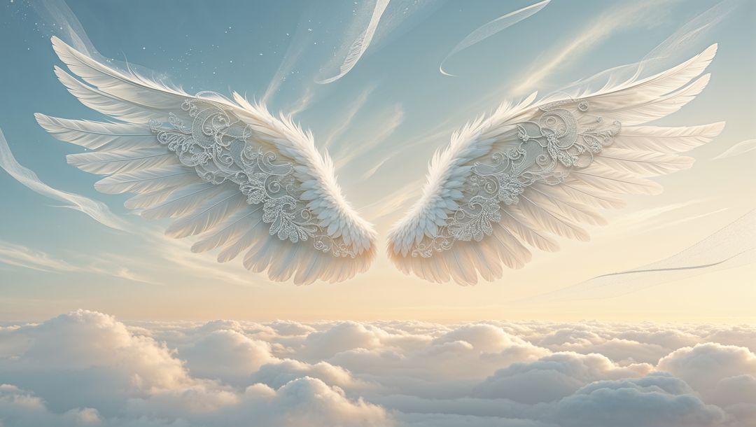 Ethereal Angel Wings Floating Over Serene Cloudscape
