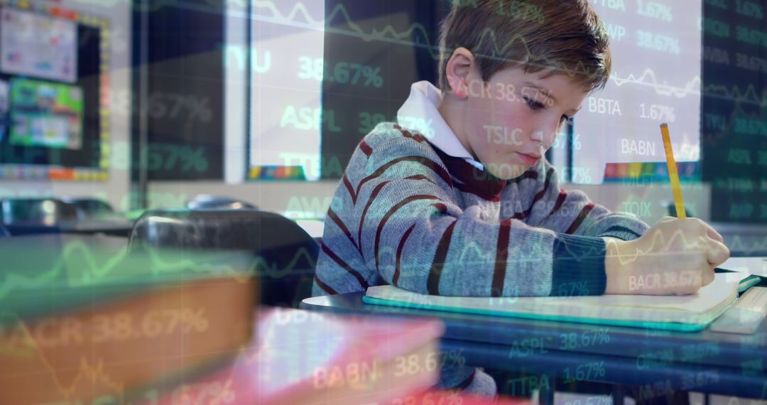 Child Learning Investment World with Classroom Financial Graphics