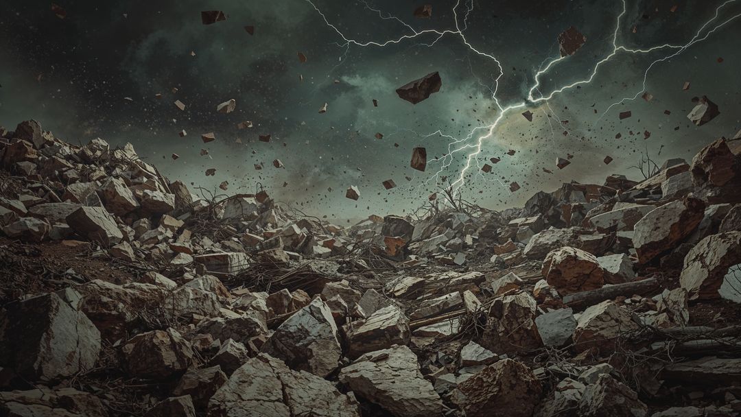 Earthquake apocalyptic wasteland with lightning and ruined debris