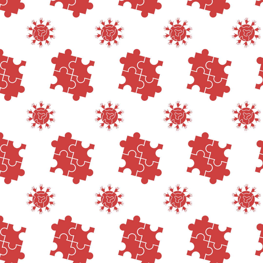 Red puzzle and globe patterns on transparent background