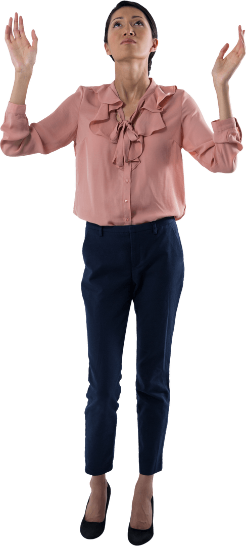 Transparent Concerned Businesswoman Looking Up and Praying