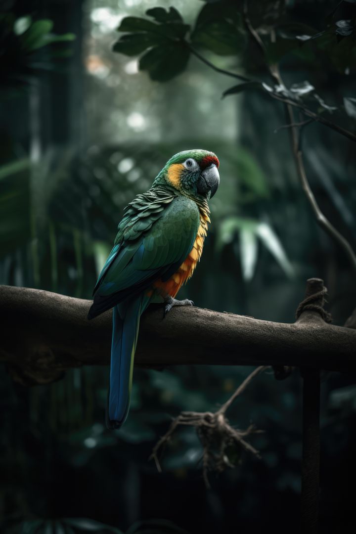 Exotic Green Parrot Perched on Branch in Lush Tropical Forest - Free Images, Stock Photos and Pictures on Pikwizard.com