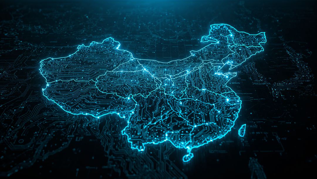 Futuristic Circuit Board Map of China Emitting Neon Blue Glow