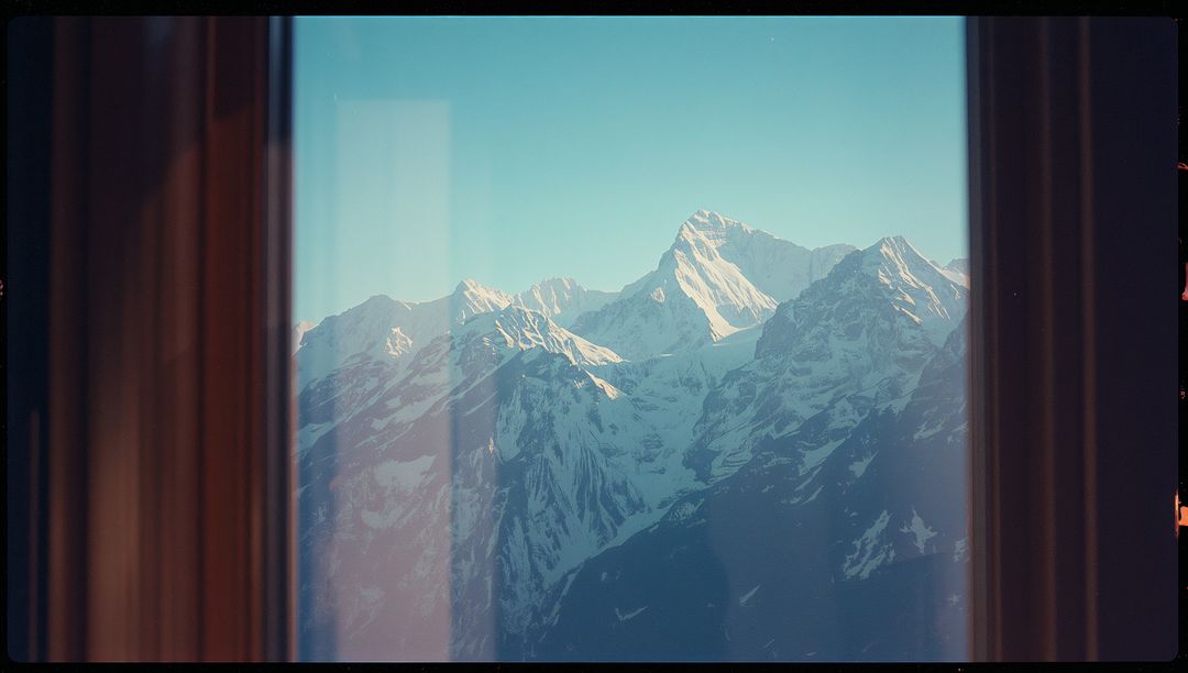 Snow-Covered Peaks Framed by Window Reflecting Morning Light