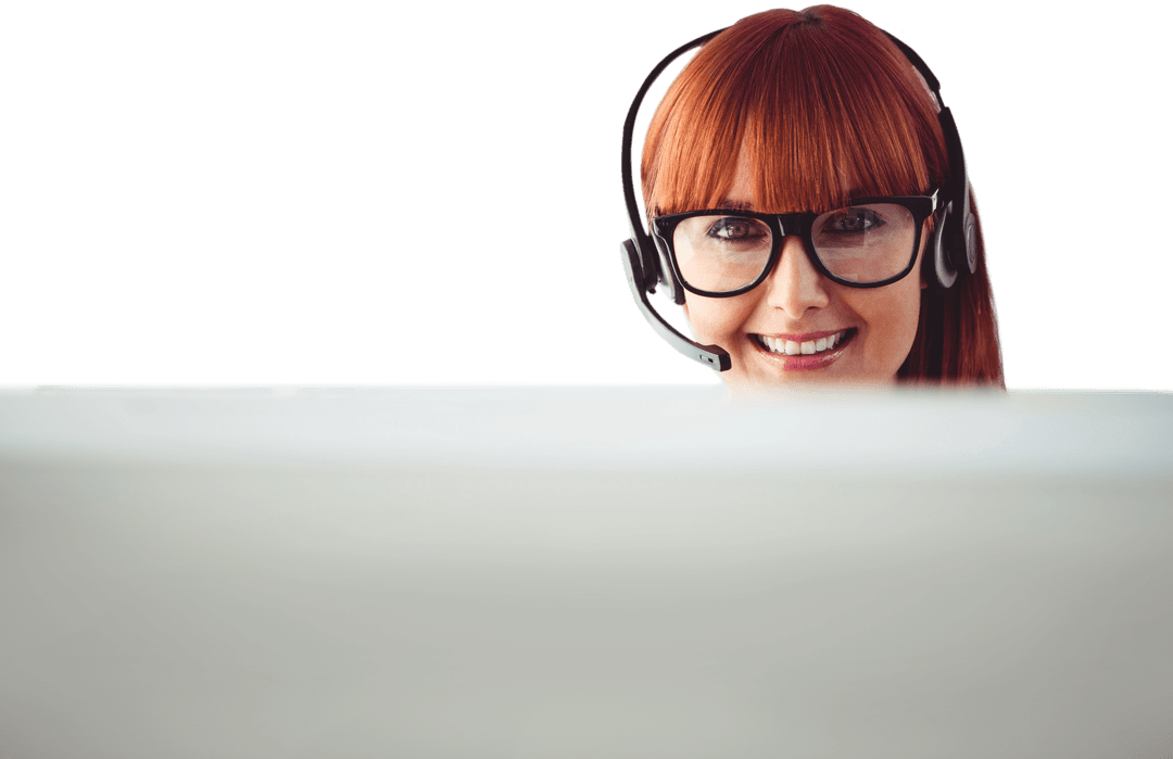 Friendly Redhead Woman Wearing Headset Working Transparent Background