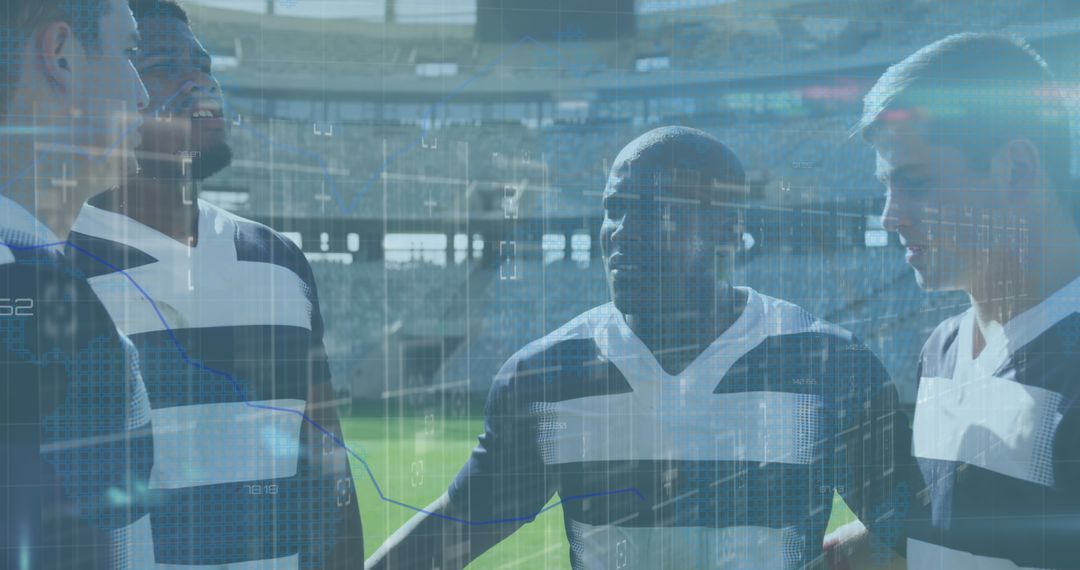 Rugby Players Analyzing Game with Digital Data Overlay