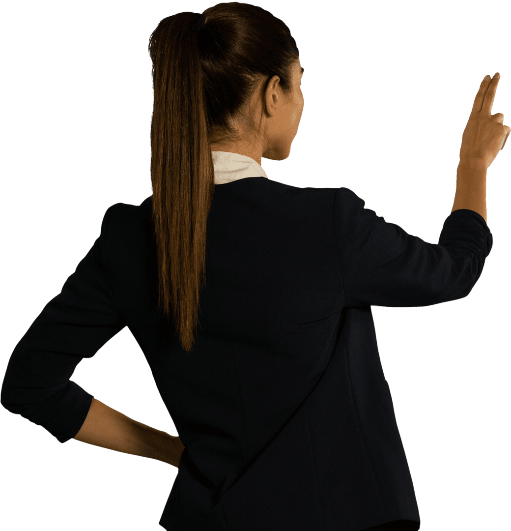 Transparent Businesswoman Touching Virtual Screen with Raised Hand