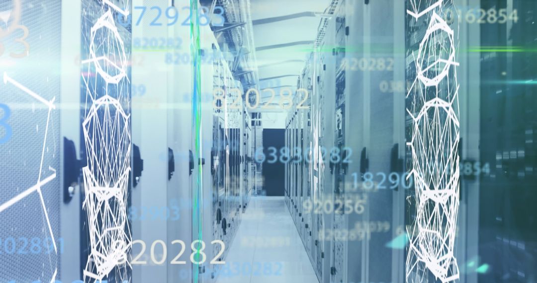 Futuristic Data Center with Digital Cloud Graphics and Bright Lighting