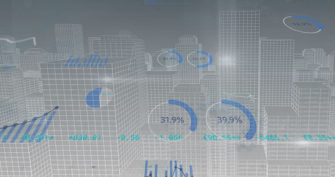 Abstract Financial Data Overlay on Skyscraper Cityscape