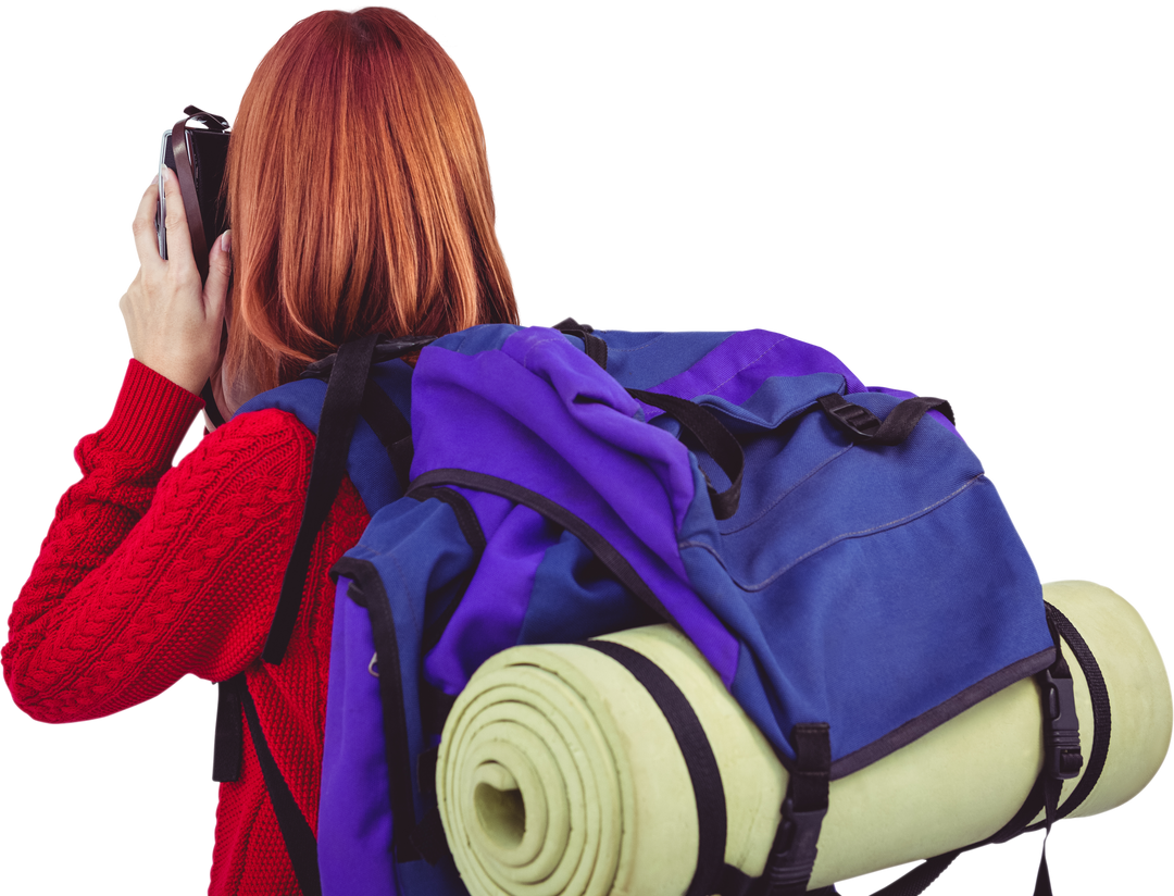 Red Haired Woman Traveler With Blue Backpack And Camera On Transparent Background - Download Free Stock Images Pikwizard.com