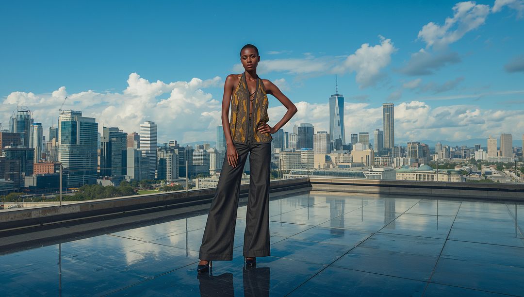 Stylish Model on Reflective Rooftop with City Skyline View