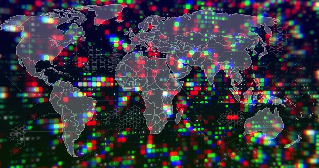 Digital World Map with RGB Pixel Clusters and Network Lines
