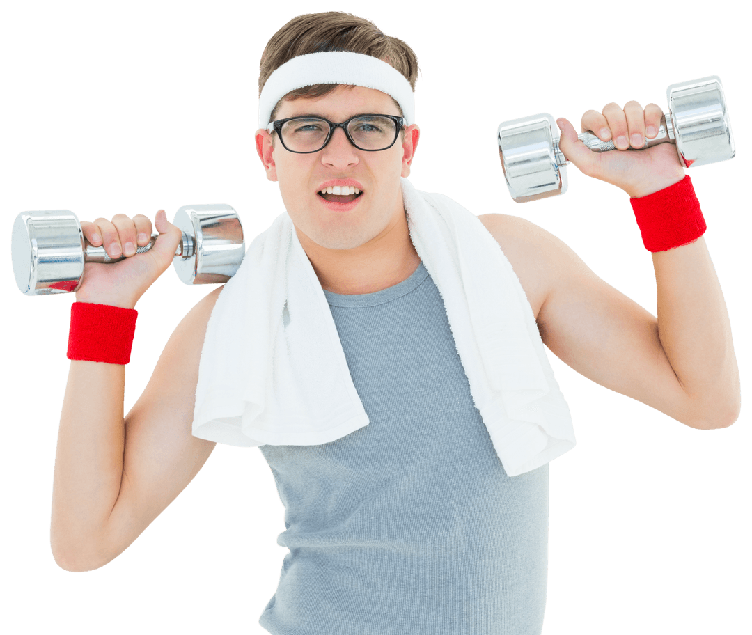 Caucasian Man with Dumbbells Wearing Headband Transparent Background