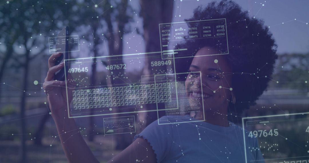 Woman in Park Interacting with Augmented Reality Data Panels