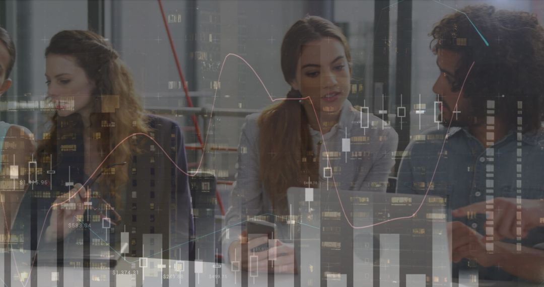 Business Team Analyzing Financial Data with Technology Interface Overlay