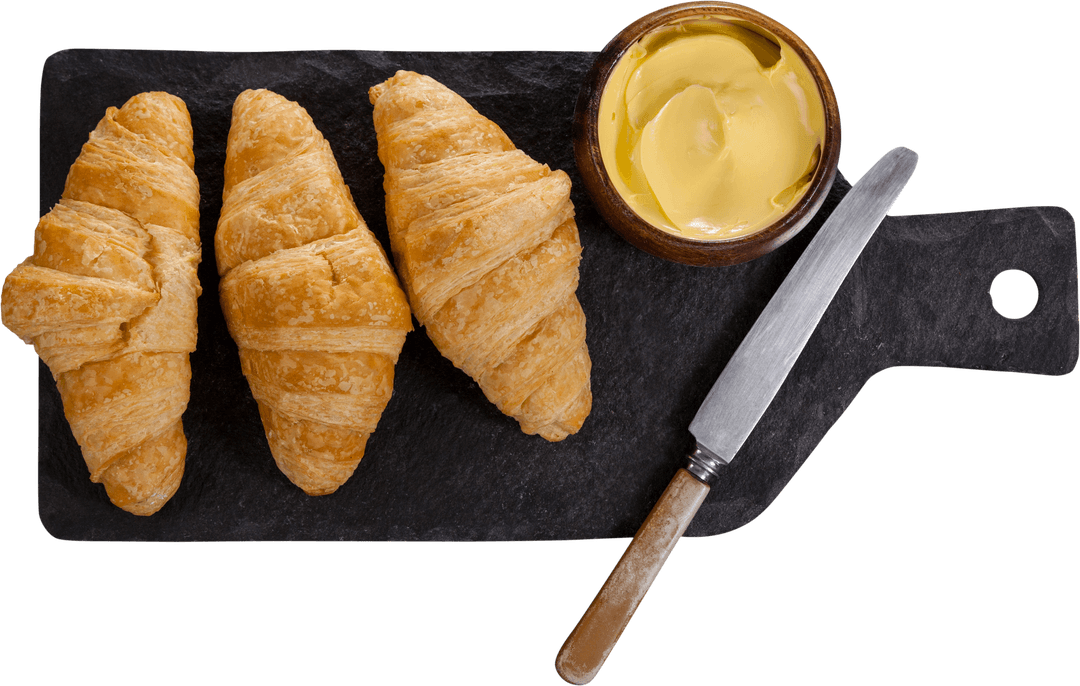 Fresh Croissants and Butter on Slate Board Transparent Overlay