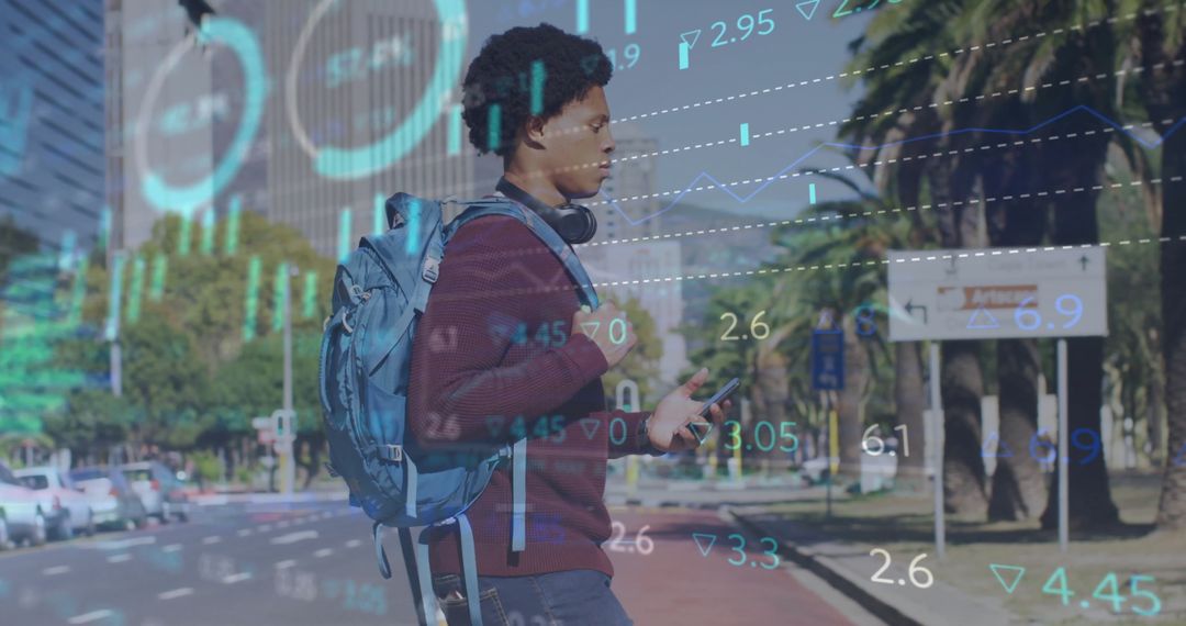 Young Man Using Smartphone with Stock Market Overlay on Street