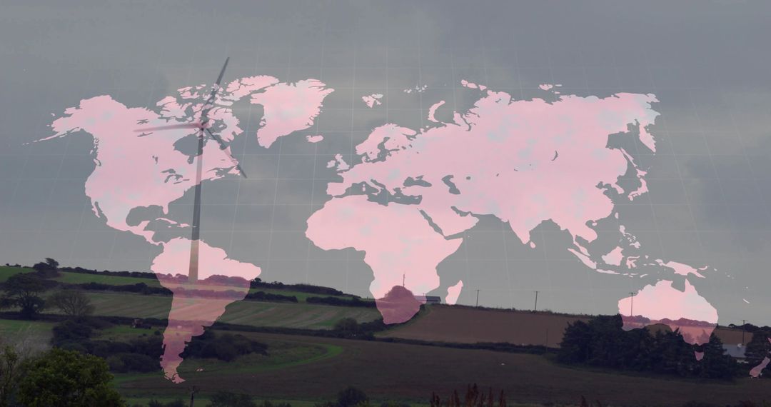 Global Sustainability: Map Overlay With Rural Landscape and Wind Turbine