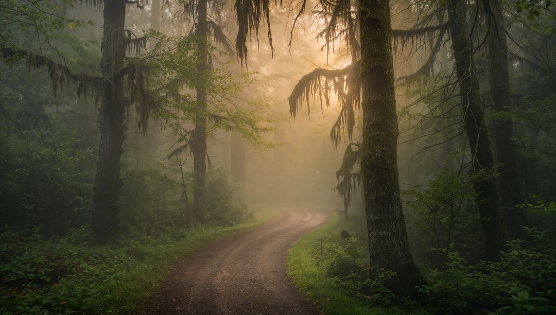 Winding Mist-Shrouded Forest Path Curving Through Mossy Temperate Woods at Dawn