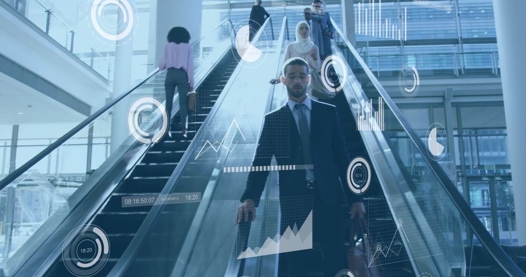 Businessman on Escalator with Digital Graphs Technology