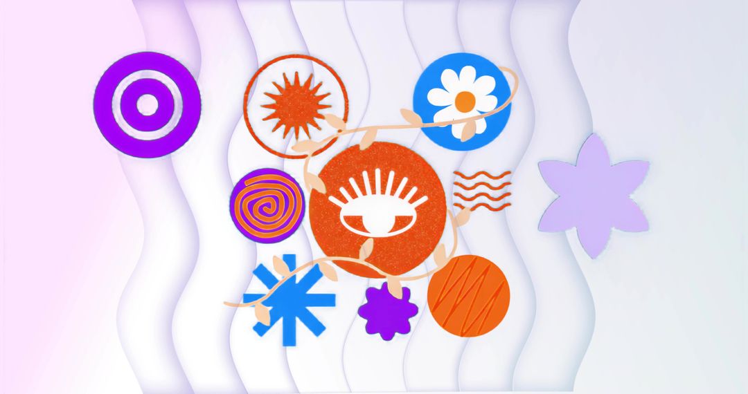 Pastel Geometric Floral Composition with Orange Eye Motif and Vibrant Abstract Shapes