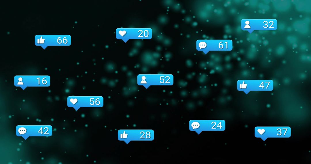 Animated Blue Social Media Notification Bubbles Floating Over Dark Teal Bokeh Background