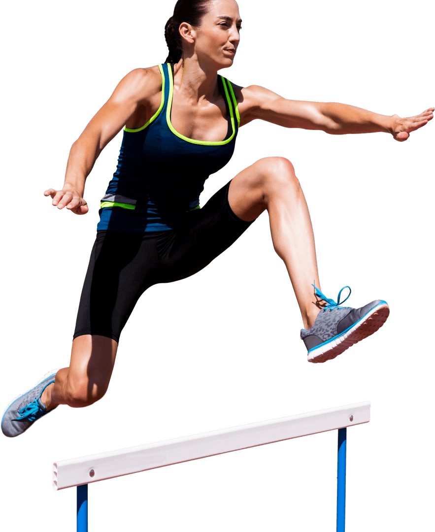 Caucasian Female Athlete Leaping Hurdle with Transparent Background