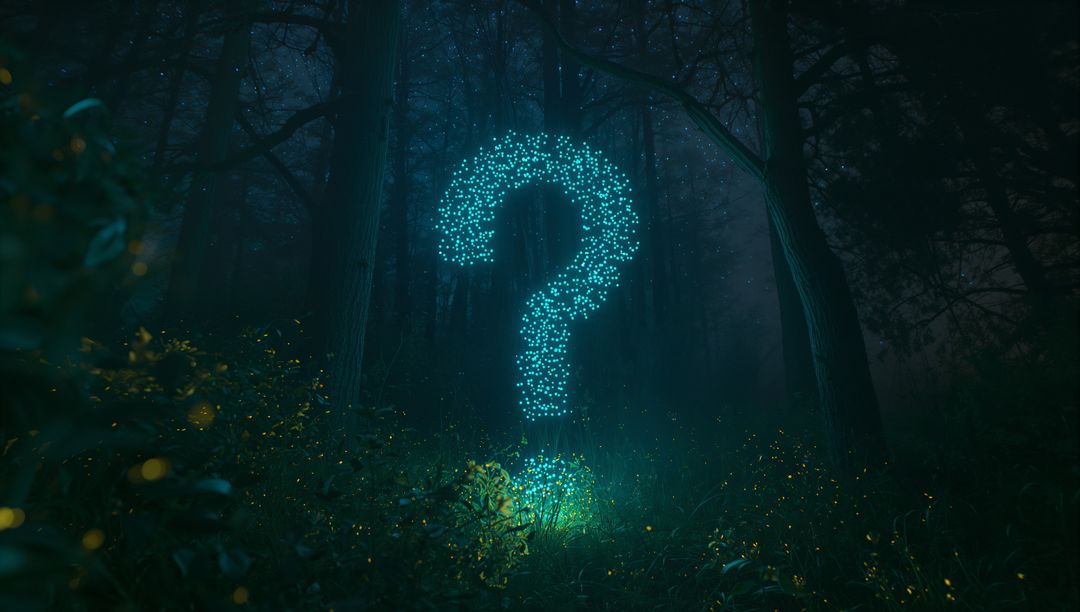 Mysterious Glowing Question Mark in Enchanted Forest