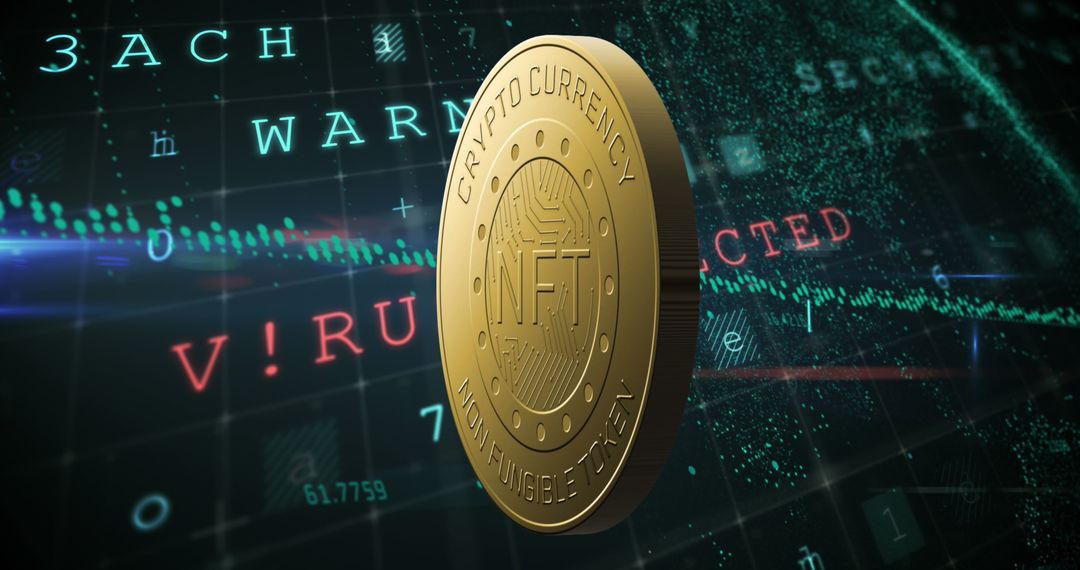 NFT Coin with High-Tech Digital Background Reflecting Global Connectivity