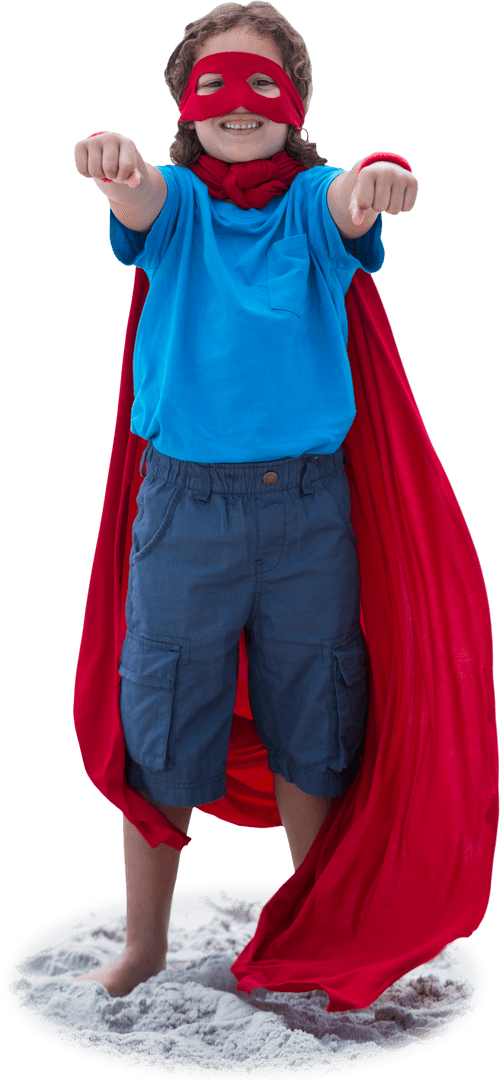 Happy Boy in Colorful Superhero Costume with Red Mask and Cape