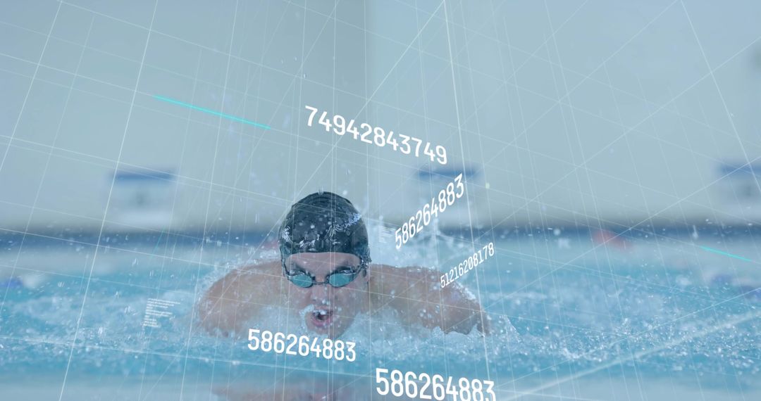 Professional Swimmer with Digital Performance Metrics Overlay