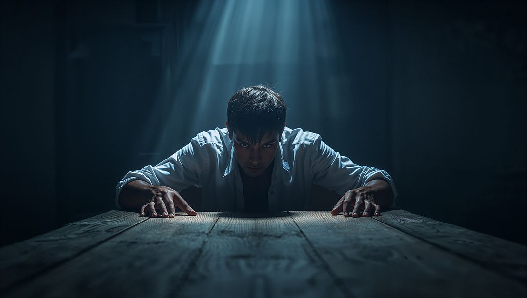 Man in Tense Atmosphere in Dimly Lighted Room