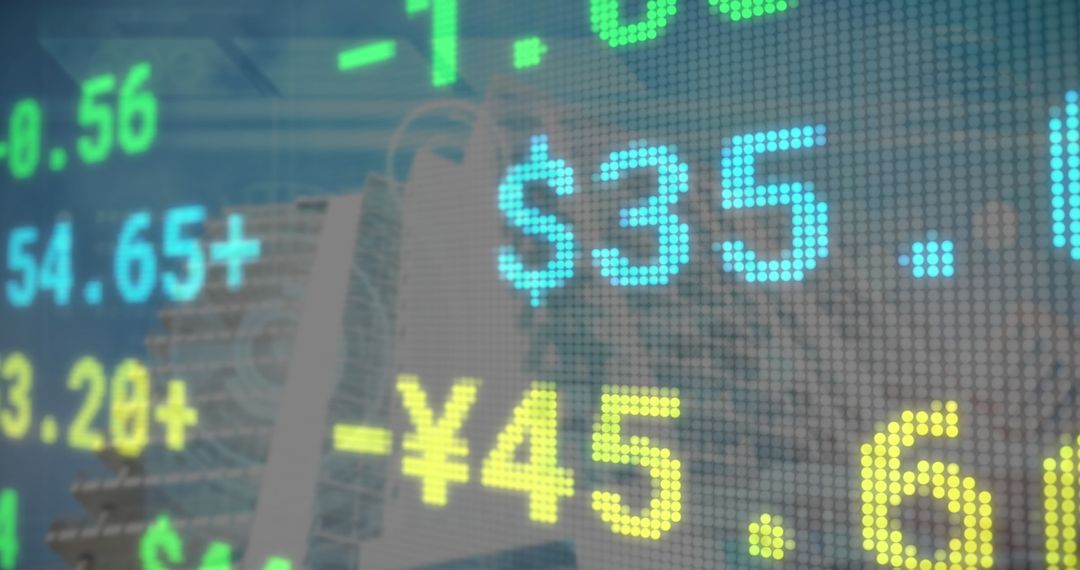 Dynamic Trading Board Overlaying Modern Architecture with Gear Motif